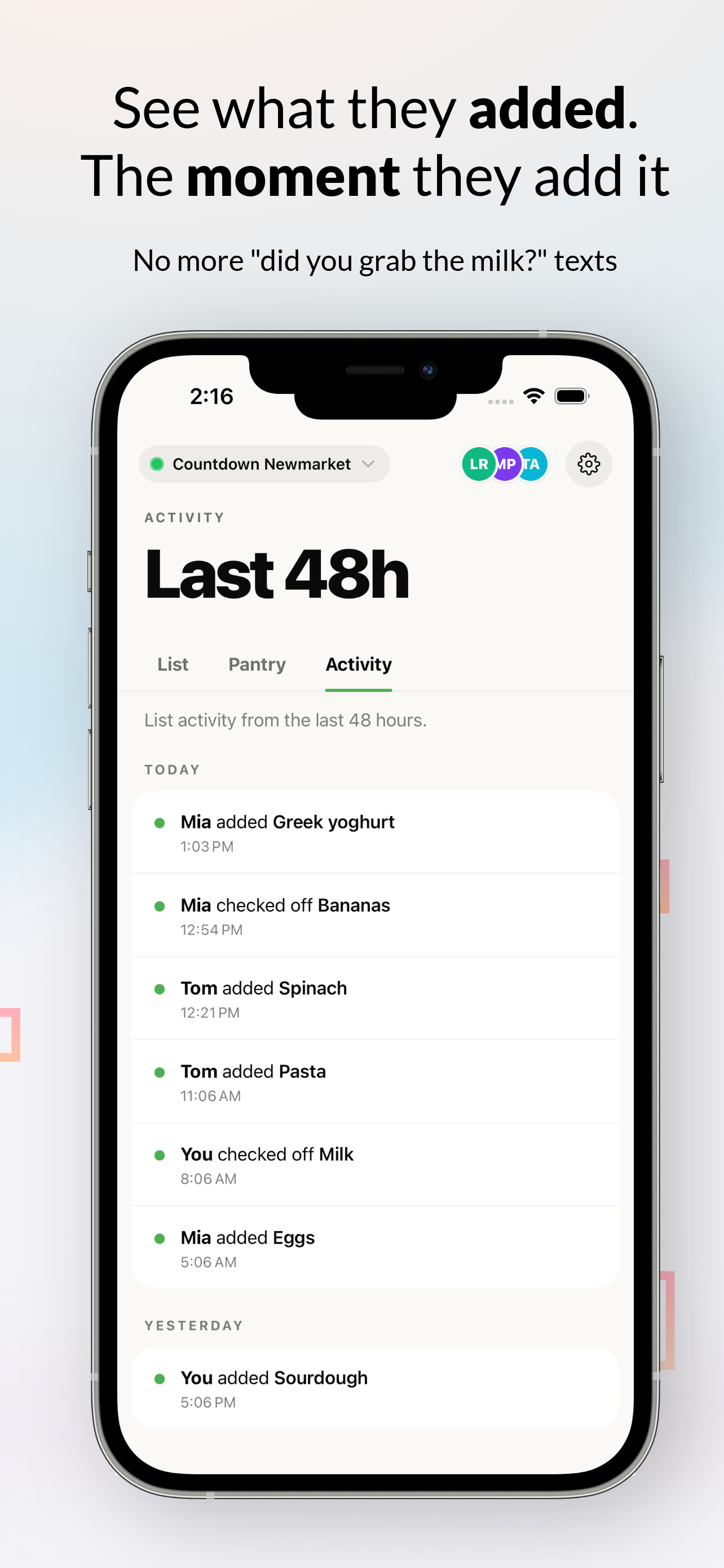 Activity feed showing exactly what each person added or checked off